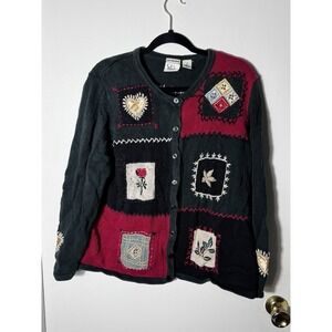 C.J. Banks Vintage Cardigan 1X Sweater Hand Embroidered Patchwork Ramie Cotton